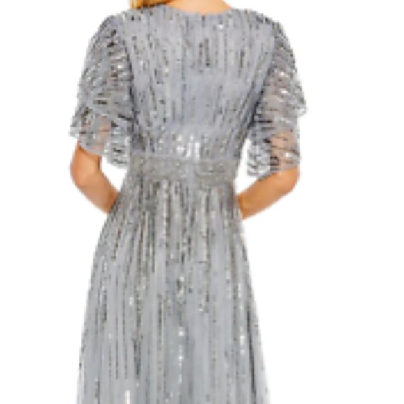 MAC DUGGAL 93582 EMBELLISHED FULL LENGTH LAYERED SLEEVE SLATE BLUE GOWN sz 10 - Picture 2 of 6